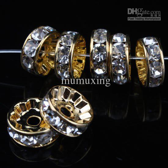 10MM / 12MM Clear Crystal Rhinestone Rondelle Spacer Beads, Metal Gold Plated Jewelry Findings 100PC