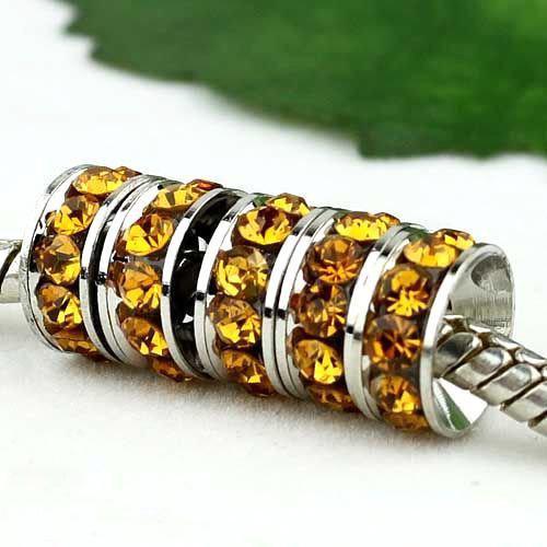 10MM Topaz Rhinestone Beads, Big Hole Spacers, Copper Rhodium Plated, Fit DIY Bracelets Gem Fittings