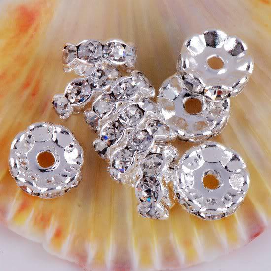 10MM Clear Crystal Rhinestone Wavy Rondelle Spacer Beads, Metal Silver Plated Jewelry Findings 100PC