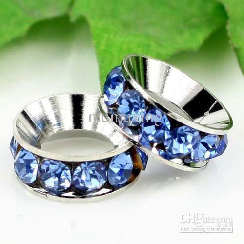 12MM Big Hole Beads, Imitation Rhodium Plated Light Blue Rhinestones Crystal Spacers Fit Bracelets