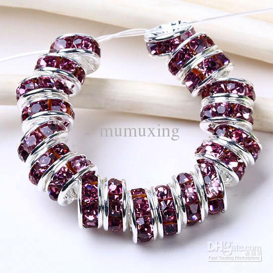 6MM Amethyst Rhinestone Rondelle Spacer Beads, Silver Plated, Top-quality Jewelry Findings-100PCS