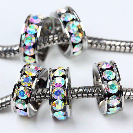 10MM Rhodium / Silver Plated, Crystal AB Color 4.5MM Big Hole Crystal Rhinestone Spacers Findings