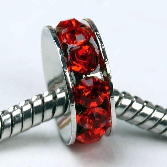 10MM Rhodium / Silver Plated, Red Color, 4.5MM Big Hole Crystal Rhinestone Rondelle Spacers Findings