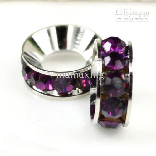 12MM Big Hole Bead, Imitation Rhodium Plated Amethyst Crystal Rhinestone Spacers Fit Charm Bracelets