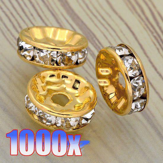 10MM / 12MM Shiny Clear Crystal Rhinestone Rondelle Spacers, Gold Plated Jewelry Findings 1000PCS