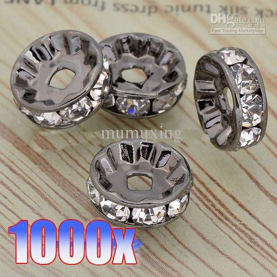 10MM / 12MM Clear Crystal Rhinestone Rondelle Spacers, Metal Black Plated Jewelry Findings 1000PCS