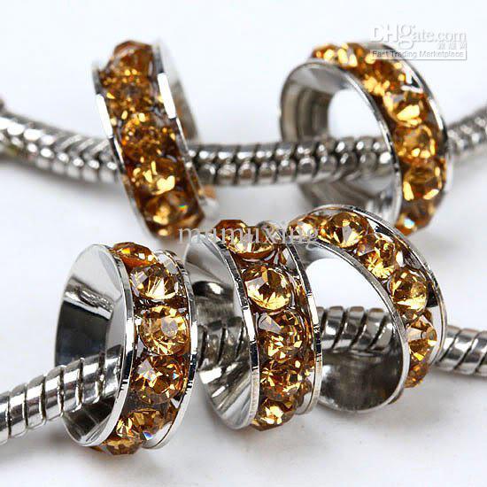 10MM Rhodium Plated, Smoked Topaz Color Rondelle Beads, Rhinestone Spacers For DIY Bangles Findings