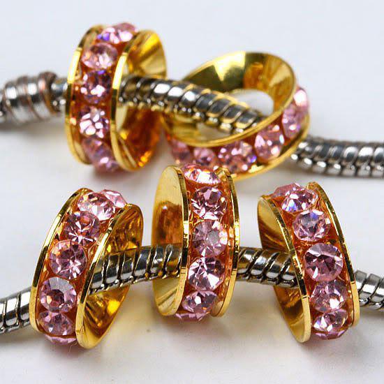 10MM Gold Plated, Pink Big Hole Beads, Crystal Rhinestone Rondelle Spacers, Fashion Jewelry Findings