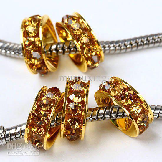 10MM Gold Plated, Topaz Big Hole Beads, Crystal Rhinestone Beads, Rondelle Spacers Jewelry Findings