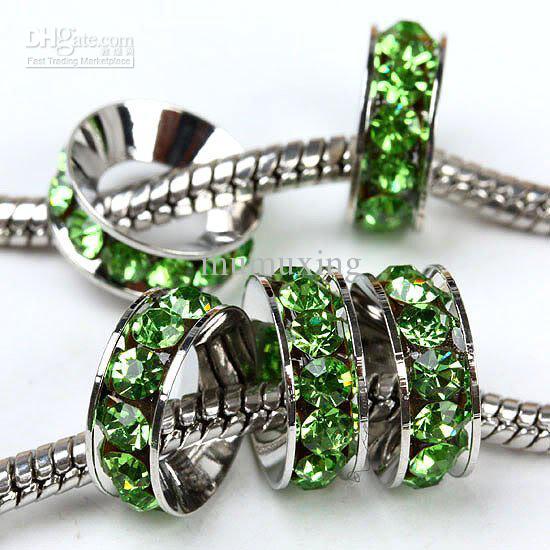 10MM Rhodium / Silver Plated, Peridot Crystals, Big Hole Beads, Rondelle Rhinestone Jewelry Findings