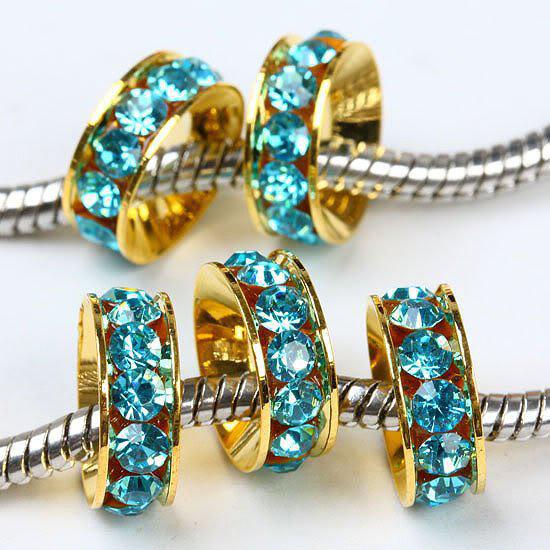 10MM Gold Plated, Aquamarine Big Hole Beads, Crystal Rhinestone Rondelle Spacers Jewelry Findings