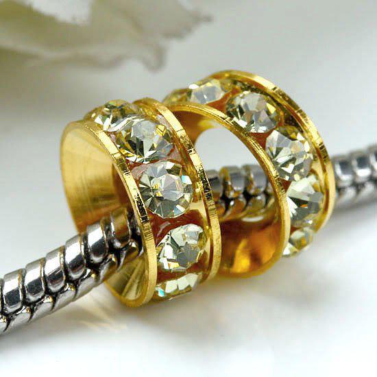 10MM Gold Plated, Clear Crystal Faceted, Big Hole Beads, Rondelle Rhinestone Jewelry Findings Beads.