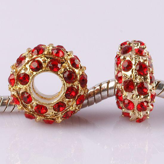 14MM Metal Alloy Gold Plated, Red Rhinestone Spacer Beads, Crystal Rondelles Jewelry Findings-100PCS