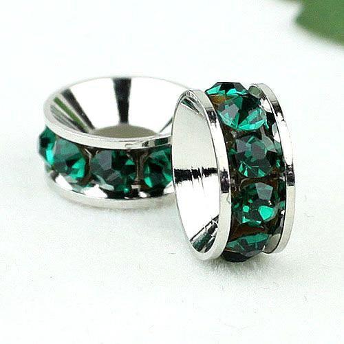 12MM Big Hole Beads, Imitation Rhodium Plated Green Rhinestones Crystal Spacers Fit Bracelets