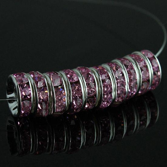 10MM Pink Crystal Rhinestone Rondelle Spacer Beads, Metal Silver Plated Jewelry Findings 100PCS