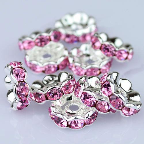 10MM Pink Crystal Rhinestone Wavy Rondelle Spacer Beads, Metal Silver Plated Jewelry Findings 100PC