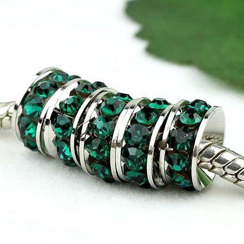 10MM Rhodium Plated, Green Color 4.5MM Big Hole Crystal Beads, Rhinestone Rondelle Spacers Findings