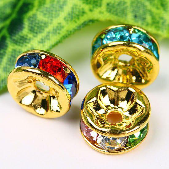 6MM Rondelle Crystal Beads, Copper Gold Plated, Inlay Multicolor Rhinestones For Every Spacer Bead