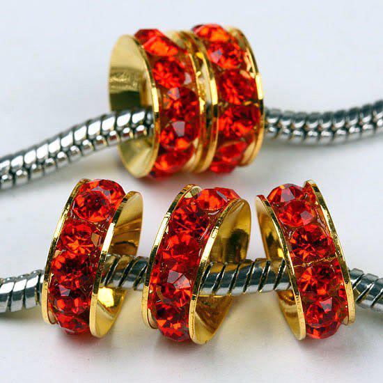 10MM Gold Plated, Red Big Hole Beads, Fashion Rhinestone Beads, Fit DIY Bracelets, jewelry Findings