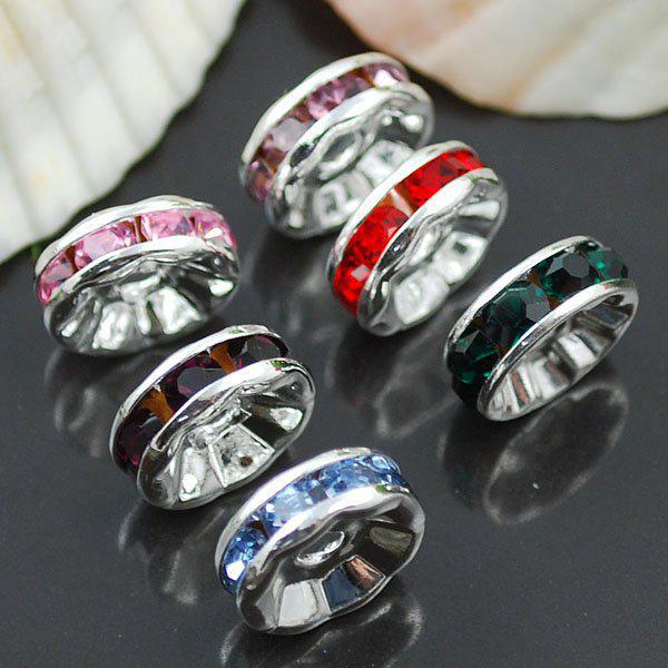 10MM Multicolor Crystal Rhinestone Rondelle Spacer Beads, Silver Plated Jewelry Findings 100PCS