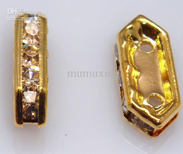 Clear Crystal Spacer Bar 2 Holes. 15MM x 3MM, Gold Plated Jewelry Spacer Beads. Rhinestone Findings.
