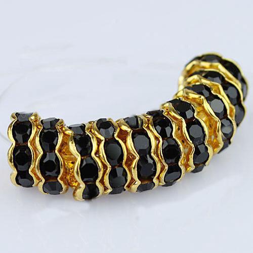 10MM Jet Black Rhinestone Wavy Rondelle Spacer Beads, Metal Gold Plated Jewelry Findings 100PCS