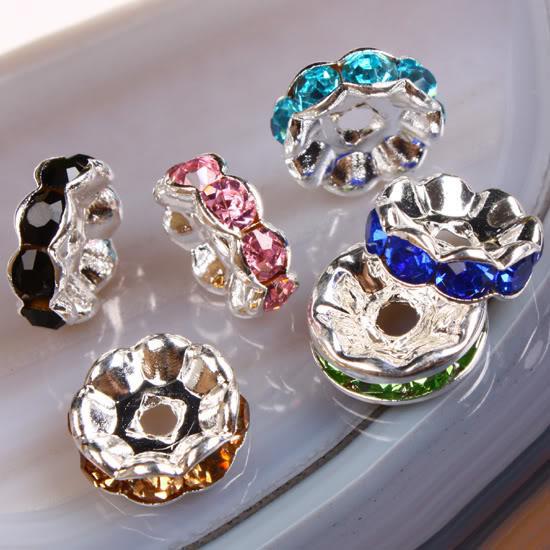 10MM Multicolor Crystal Rhinestone Wavy Rondelle Spacer Beads, Silver Plated Jewelry Findings 100PCS
