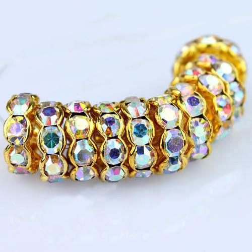 10MM Crystal AB Rhinestone Wavy Rondelle Spacer Beads, Metal Gold Plated Jewelry Findings 100PCS