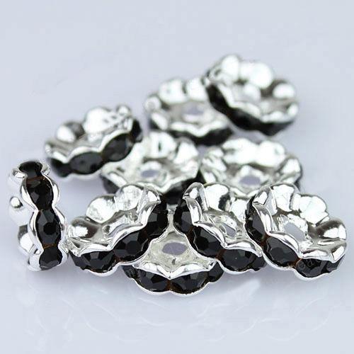 10MM Jet Black Crystal Rhinestone Wavy Rondelle Spacer Beads, Silver Plated Jewelry Findings 100PCS