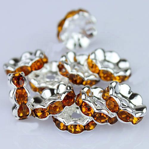 10MM Golden Yellow Crystal Rhinestone Wavy Rondelle Spacer Beads, Metal Silver Plated Findings 100PC