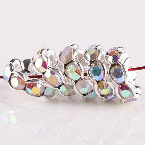 10MM Crystal AB Rhinestone Wavy Rondelle Spacer Beads, Metal Silver Plated Jewelry Findings 100PCS