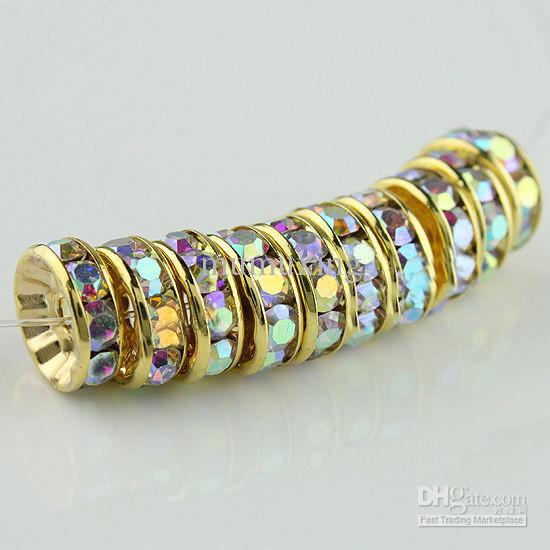 10MM Crystal AB Color Rhinestone Rondelle Spacer Beads, Metal Gold Plated Jewelry Findings 100PCS