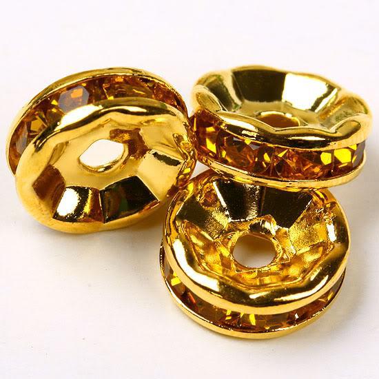 10MM Topaz Crystal Rhinestone Rondelle Spacer Beads, Metal Gold Plated Jewelry Findings 100PCS