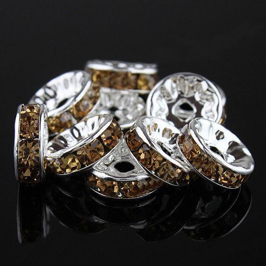 10MM Brown Crystal Rhinestone Rondelle Spacer Beads, Metal Silver Plated Jewelry Findings 100PCS