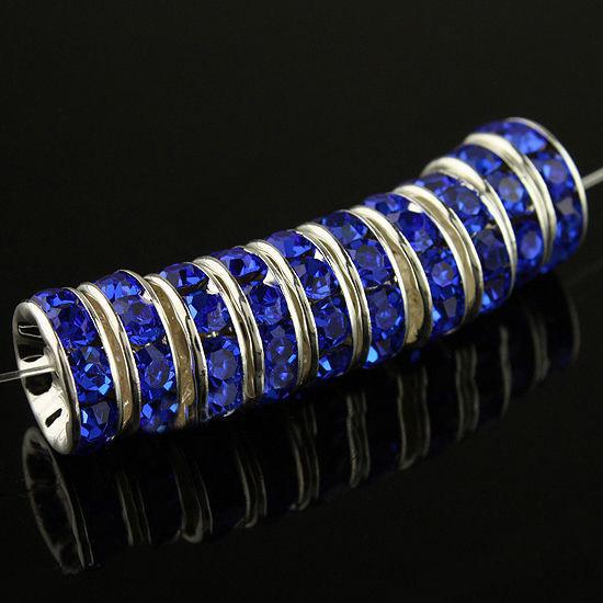 10MM Deep Blue Crystal Rhinestone Rondelle Spacer Beads, Metal Silver Plated Jewelry Findings 100PCS