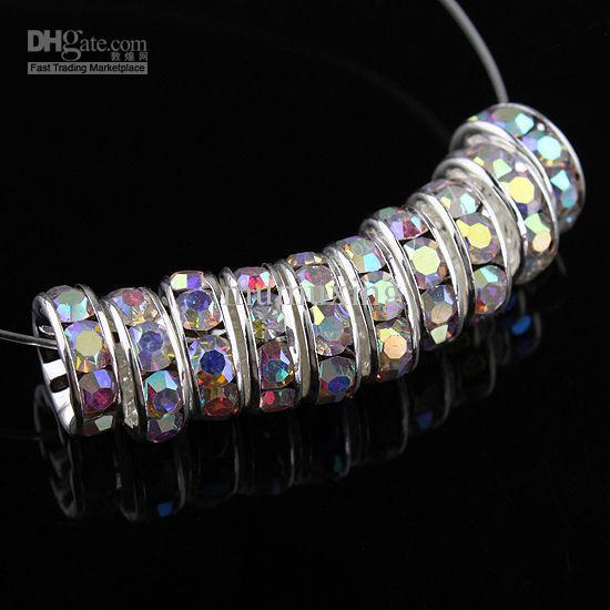 10MM Crystal AB Color Rhinestone Rondelle Spacer Beads, Metal Silver Plated Jewelry Findings 100PCS