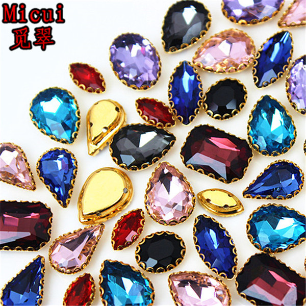 Micui 30PCS mixed shape Glass Sew On with Gold Copper Claw Crystal Sew On Claw Rhinestone Glitter Strass For Clothes ZZ736