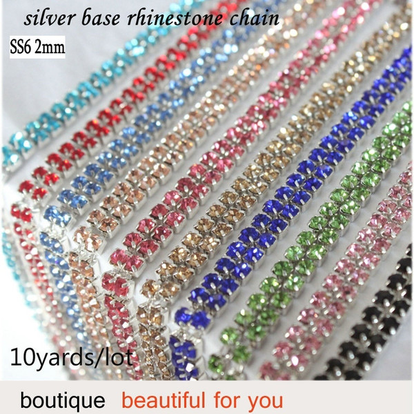 Sewing Rhinestone Chains 10yards/lot shiny crystal 2mm multicolor colors SS6 silver base close fast free shipping jewelry wholesale