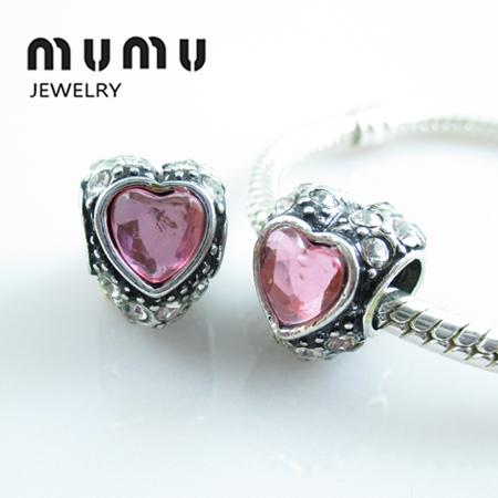 Wholesale Diy Jewelry Silver Plated Love Beads Pink Crystal Aolly Large Heart Big Hole Loose Beads Fits European Snake Charm Bracelets