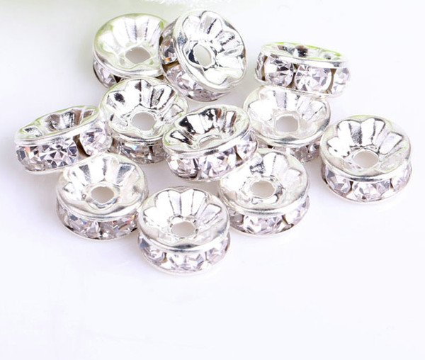 200pcs/lot Silver Plated Rhinestone Crystal WHITE Round Beads Spacers Beads 6mm 8mm 10mm 12mm Loose Beads Crystal