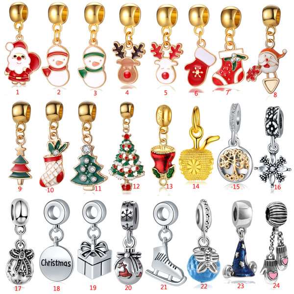 MIX 24 styles Christmas Pop Pendant Ornaments Alloy Christmas Tree Snowman Pendants for DIY necklaces Bracelets Accessories Big Hole Beads