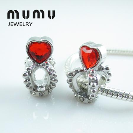 50pcs/lot Diy Jewelry Silver Plated Crown Love Heart Beads Red Aolly Big Hole Loose Beads Fits European Snake Charms Bracelets Free Shipping