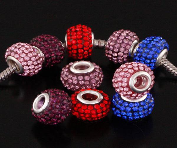 Mix colors Beautiful Rhinestone Crystal beads 925 Silver beads fit bracelet,50pcs lot hot sale