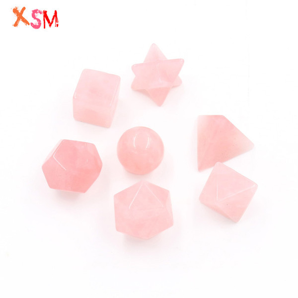 xinshangmie Rose Quarzts Carved 7 Platonic Solids Sacred Geometry Symbols with Merkaba Star Crystal Reiki Healing Balancing Setx