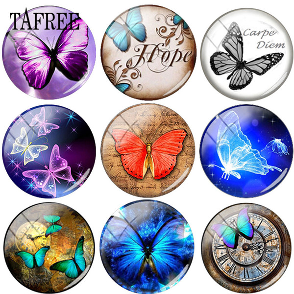 TAFREE New 25mm Vintage Butterfly pattern Round Photo DIY Glass Cabochons & Glass Dome Cover Pendant Cameo Settings