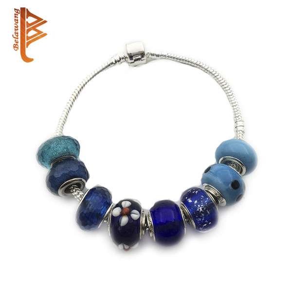 BELAWANG Mix Style Blue Series Handmade Lampwork Murano Glass Charm Beads For Pandora Original Bracelet DIY Making Wholesale 50pieces/1lot