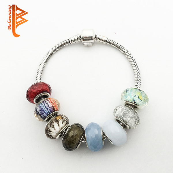 BELAWANG Sterling Silver Charm Glass Beads Pendants Murano Hole Beads Fit Pandora Bracelet Jewelry DIY Accessories Free Shipping 50Pcs/lot