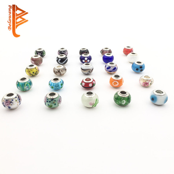 BELAWANG Wholesale 50Pcs/lot Newest Loose Beads 925 Sterling Silver Murano Glass Charm Beads For Pandora Original Bracelet Jewelry Making