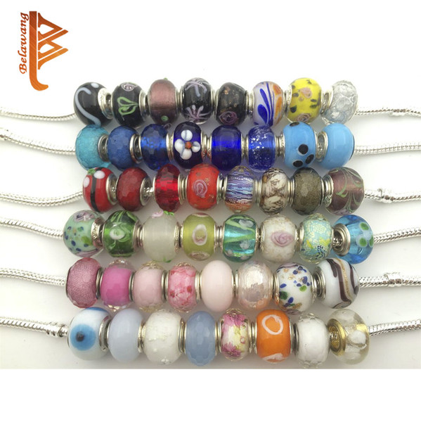 BELAWANG Wholesale 50pieces/1lot Sterling Silver Handmade Lampwork Murano Glass Charm Beads For Pandora Charm Bracelet Making Mix Style