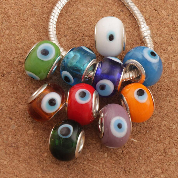 Evil Eye Murano Lampwork 14X9mm 10Colors 60pcs/lot Big Hole Glass Beads Fit Charm Bracelet Jewelry DIY L1666